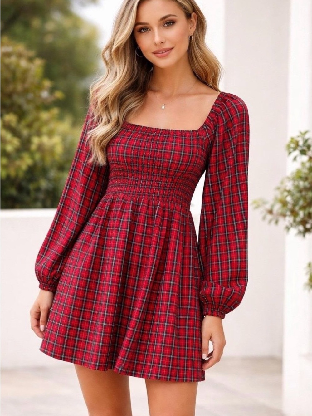 Old Navy Red Plaid Smocked Square-Neck Mini Dress